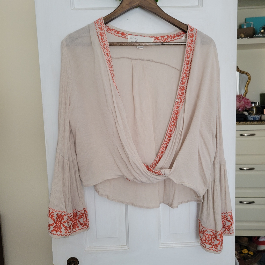Vintage Tan And Orange Cross Stitch Embroidered Bell Sleeve Top